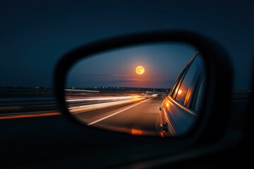 Car Side Mirror Reflecting Full Moon and Highway Traffic at Night Artistic Long Exposure