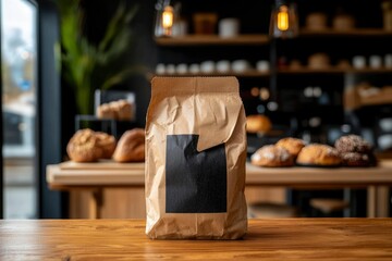 Coffee bag on wooden table in cafe