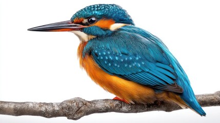 Fototapeta premium A Kingfisher with vivid blue and orange plumage, perched centrally on a white background, detailed beak and feathers, studio-lit, photorealistic image