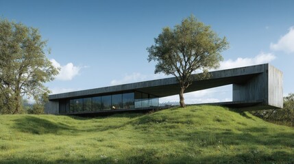 Obraz premium Modern Concrete House Nestled in Green Hillside under Blue Sky.