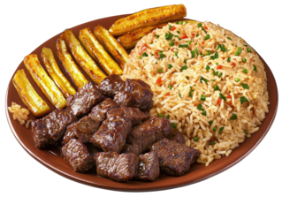 Delicious Cuban meal displays juicy beef cubes, rice with herbs, and fried plantains on a brown plate now.