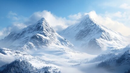 Obraz premium Serene winter wonderland: snow-capped mountains piercing fluffy cloudscape