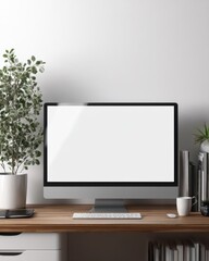Fototapeta premium Modern Computer Monitor Mockup on Wooden Desk with Plant and Books in Bright Office Interior Still Life