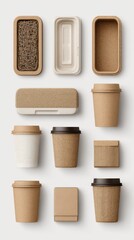 Overhead studio shot of eco-friendly disposable food containers and coffee cups; sustainable packaging concept; biodegradable materials; zero waste lifestyle