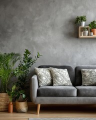 Interior design of living room with gray sofa and plants in pots against textured wall in daylight