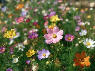 Fototapeta premium Vibrant cosmos flowers blooming in a field, eye-level view capturing the beauty of nature, colorful floral display, springtime scene, outdoor setting