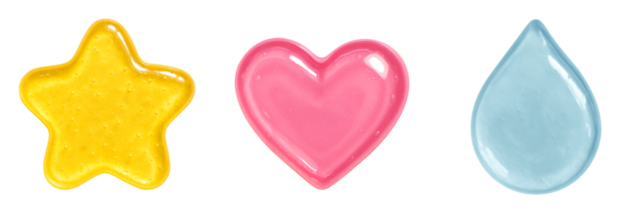 Gel sticker set with star, heart, and droplet shapes in Y2K 90s aesthetic style