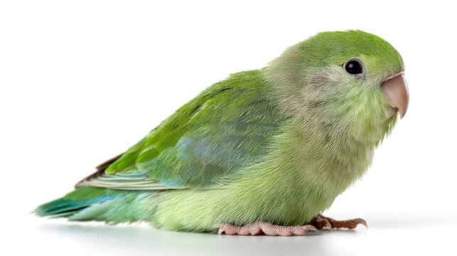 A Parrotlet with green feathers and small stature, perched centrally on a pure white backdrop, detailed feathers and eyes, studio lighting, high-resolution image