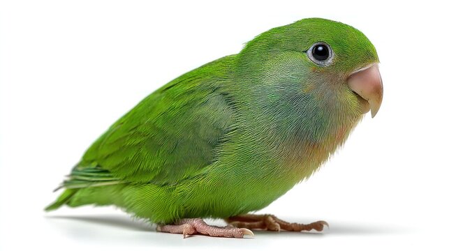 A Parrotlet with green feathers and small stature, perched centrally on a pure white backdrop, detailed feathers and eyes, studio lighting, high-resolution image