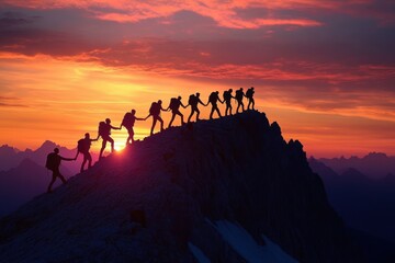 Group of climbers silhouetted against a vibrant sunset sky as they ascend a rugged mountain ridge, evoking teamwork and determination