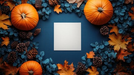three pumpkins surrounded by autumn leaves and pinecones arranged around a blank square paper on a dark blue surface creating a seasonal fall composition