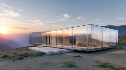 Obraz premium Glass House Dream Modern architecture atop mountain at sunset with serene view.