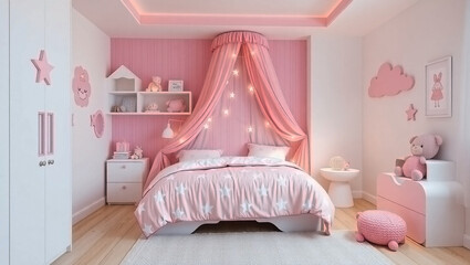 Modern girls’ bedroom with pink and white theme, airy and cheerful ambiance.