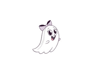 Cute Cartoon Ghost Girl with Purple Bow  Adorable Halloween Character Illustration for Kids and Decor.