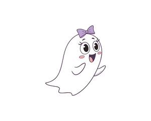Cute Cartoon Ghost Girl with Purple Bow  Adorable Halloween Character Illustration for Kids and Decor.