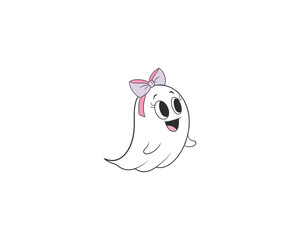 Cute Cartoon Ghost Girl with Purple Bow  Adorable Halloween Character Illustration for Kids and Decor.