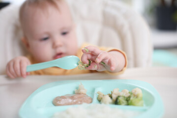 Cute little baby eats food from a plate at a table