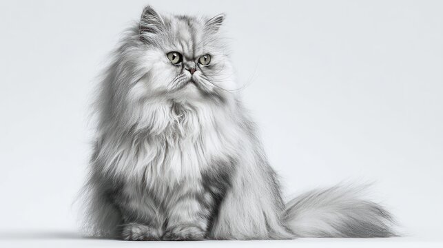 A Persian cat with long, flowing fur and flat face, sitting upright in the center of a white background, soft fur texture, studio-lit, high-detail, photorealistic