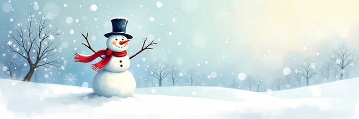 Fototapeta premium A cheerful snowman in a winter wonderland, with snowflakes falling around him. Perfect background for christmas