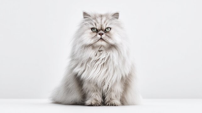 A Persian cat with long, flowing fur and flat face, sitting upright in the center of a white background, soft fur texture, studio-lit, high-detail, photorealistic
