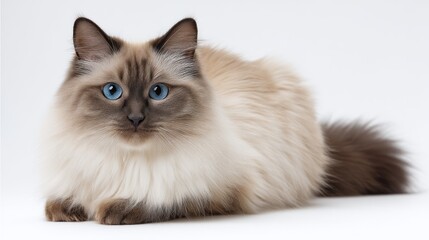 A Ragdoll cat with semi-long fur and blue eyes, sitting centrally on a white background, detailed whiskers and fur, studio-lit, photorealistic image