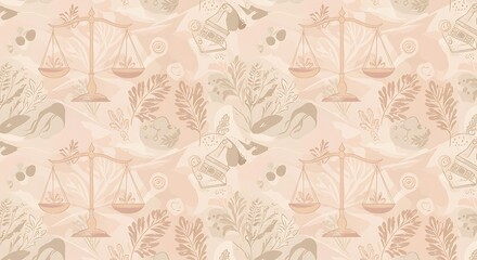 Seamless pattern of scales of justice with floral elements for legal and law themed designs or backgrounds