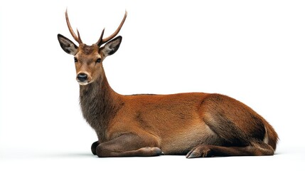 Fototapeta premium A red deer stag with small antlers, sitting attentively in the center, isolated on a white background, studio lighting, realistic detail