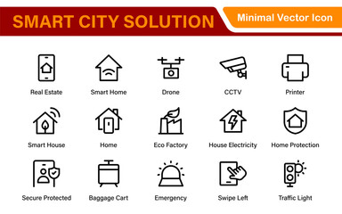 Smart City Solutions Icon Set – Minimal Line Vector Illustrations for Urban Planning, IoT, Infrastructure, Transportation, and Smart Tech Designs