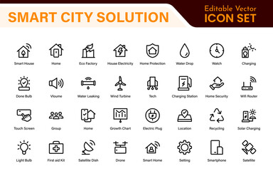 Smart City Solutions Icon Set – Minimal Line Vector Illustrations for Urban Planning, IoT, Infrastructure, Transportation, and Smart Tech Designs