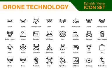 Modern Drone Technology Icons – Clean Outline, Line Art, and Vector Illustrations for Drones, UAVs, Aerial Robotics, and Digital Platforms