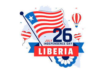 Happy Liberia Independence Day Vector Illustration on July 26 Featuring a Waving Flag and Ribbon in a National Holiday Flat Cartoon Background Design