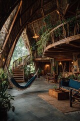 Interior of Unique Eco-Friendly Home with Hammock and Plants, Low Angle, Natural Light, Rustic Design, Tropical Location
