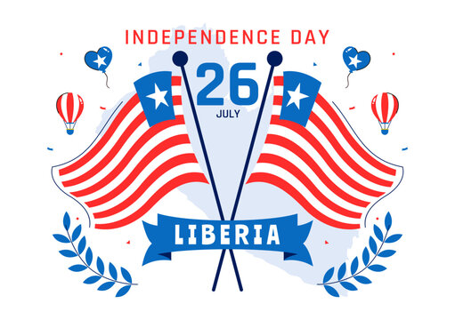 Happy Liberia Independence Day Vector Illustration on July 26 Featuring a Waving Flag and Ribbon in a National Holiday Flat Cartoon Background Design