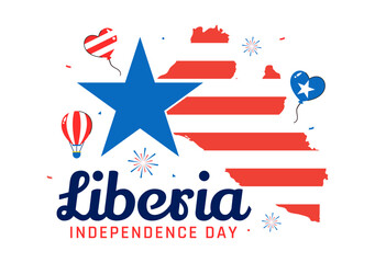 Happy Liberia Independence Day Vector Illustration on July 26 Featuring a Waving Flag and Ribbon in a National Holiday Flat Cartoon Background Design