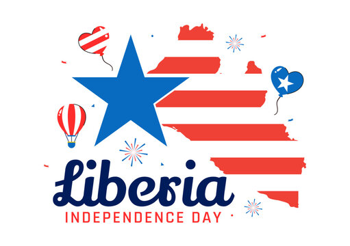 Happy Liberia Independence Day Vector Illustration on July 26 Featuring a Waving Flag and Ribbon in a National Holiday Flat Cartoon Background Design