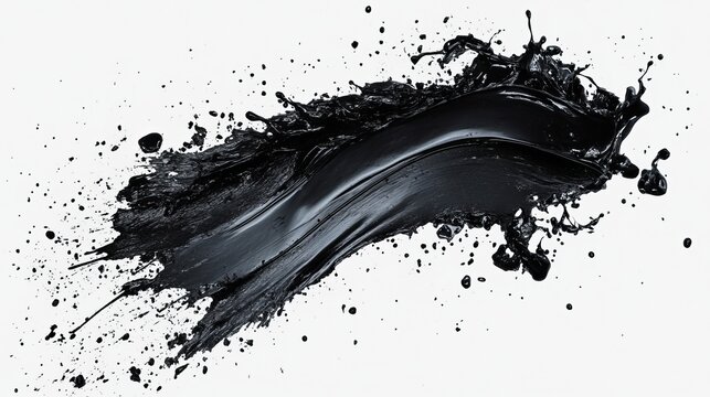 Abstract black paint splatter, dynamic strokes, splatters, and drips on white background.  A dynamic, expressive art piece