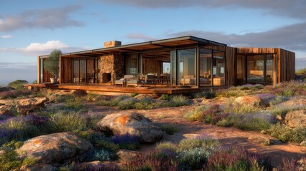 Obraz premium Modern rustic home with panoramic view on a flowering hillside.