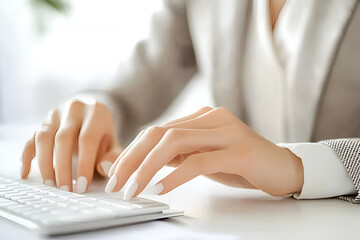 Close up of a woman's hands typing on a white keyboard in office setting focused on work and business