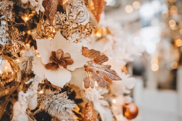 Close-up of a Christmas tree adorned with gold ornaments and warm holiday lighting.
