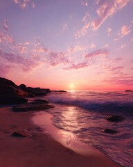 Obraz premium Pink Sunset Over Rocky Coastline with Gentle Waves Lapping on Sandy Shoreline in Romantic Setting at Dusk