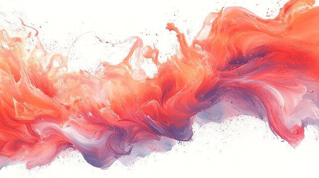 Abstract art featuring a dynamic flow of vibrant orange and purple hues, resembling swirling smoke or liquid, set against a stark white background