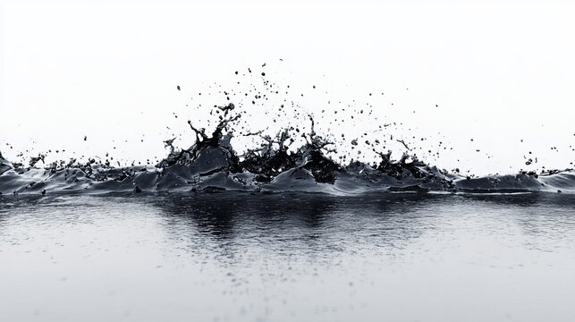 Dark liquid splash against white background, creating dynamic texture with ripples and droplets