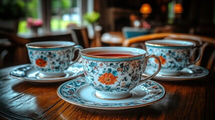 Fototapeta premium Three elegant teacups filled with reddish-brown tea, sitting on a wooden table in a cozy, vintage-style cafe. The cups are adorned with intricate floral patterns