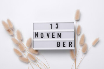 13 november letterboard text on Lightbox with dry lagurus flowers, white background. Seasonal calendar. Flat lay. Top view