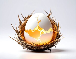 Cracked egg illuminated within a rustic nest against a white backdrop symbolizing new beginnings and growth