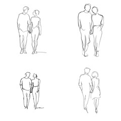 Minimalist line art of couples walking together, showcasing love and intimacy. Ideal for romantic designs, wedding invitations, and modern art prints.

