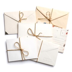 Overhead view of assorted envelopes tied with string on white background, varying sizes and textures, studio lighting