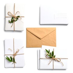 Arrangement of white wrapped gifts tied with twine and decorated with green sprigs and a brown paper envelope against a white background