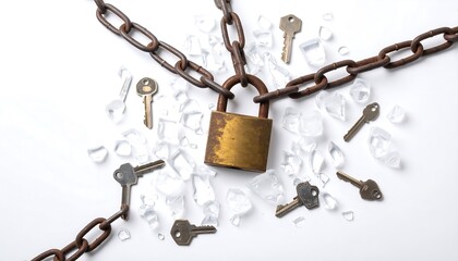 An overhead shot showcasing a rusty padlock chained to multiple keys and shattered ice fragments on a white surface