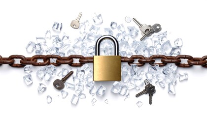 Conceptual image featuring a rusty chain padlock shattered ice and keys against a white background suggesting security vulnerability and fragility